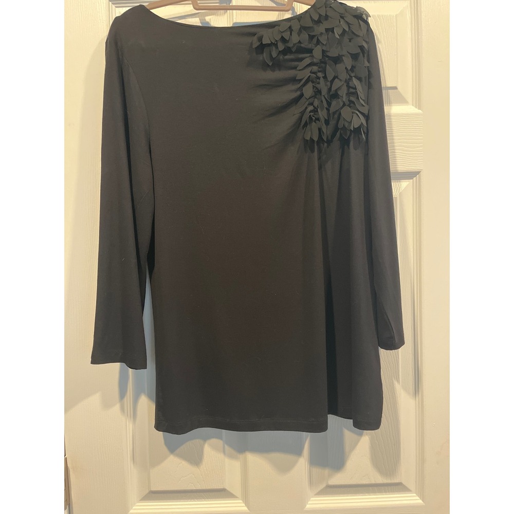 Anne Klein Black Long Sleeve Floral Shoulder Applique Boat Neck Top XL
